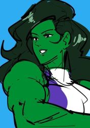 Rule 34 | 1girl, bare shoulders, breasts, colored skin, green skin, jewelry, long hair, makeup, marvel, revealing clothes, she-hulk, smile, solo, tagme, watatanza