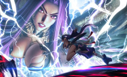Rule 34 | 2girls, angry, ass, battle, black hair, breasts, cloud.d, covered erect nipples, detached sleeves, electricity, fate/grand order, fate (series), giant, giantess, gorgon (fate), highres, large breasts, long hair, looking at another, medusa (fate), medusa (rider) (fate), multiple girls, purple eyes, purple hair, rider, running, single leg pantyhose, slit pupils, sword, underboob, ushiwakamaru (fate), weapon