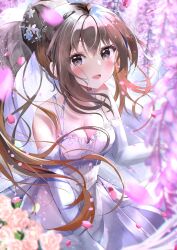 Rule 34 | 1girl, :d, aizawa (aizawatsu), bare shoulders, blush, breasts, brown hair, cleavage, cowboy shot, crossed bangs, day, dress, elbow gloves, falling petals, flower, girls&#039; frontline, gloves, gradient hair, hair between eyes, hair flower, hair ornament, highres, k2 (girls&#039; frontline), large breasts, light brown hair, lilac, looking at viewer, multicolored hair, open mouth, outdoors, petals, pink flower, sidelocks, sleeveless, sleeveless dress, smile, solo, twintails, white dress, white gloves
