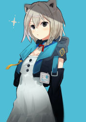 Rule 34 | 1girl, absurdres, animal ears, arms behind back, bear ears, blue background, braid, closed mouth, cropped jacket, detached sleeves, dress, grey eyes, grey hair, hair ribbon, highres, id card, indie virtual youtuber, jacket, kumagai chisato, looking at viewer, open clothes, open jacket, red ribbon, ribbon, short hair, simple background, single braid, solo, sparkle, torikaze ito, virtual youtuber, white dress