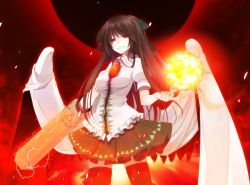 Rule 34 | 1girl, arm cannon, black thighhighs, black wings, brown hair, cape, crote, evil grin, evil smile, gradient background, grin, hair ornament, hair ribbon, highres, light, long hair, looking at viewer, puffy sleeves, red eyes, reiuji utsuho, ribbon, shirt, short sleeves, skirt, smile, solo, sun, thighhighs, third eye, touhou, weapon, wings, zettai ryouiki