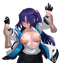 Rule 34 | 1girl, ach (zjakskwdf), black gloves, black legwear, blue archive, blue eyes, blush, breasts, breasts out, closed mouth, collarbone, commentary request, cowboy shot, dress shirt, forehead, gloves, half gloves, hands up, highres, jacket, long hair, looking away, multicolored eyes, naked shirt, no bra, open clothes, open jacket, open shirt, parted bangs, pov, pov hands, puffy nipples, purple eyes, purple hair, shirt, simple background, two side up, wavy mouth, white background, white shirt, yuuka (blue archive)