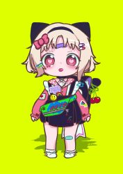Rule 34 | 1girl, alternate costume, amai hiyo, backpack, bag, bandaid, bandaid on face, bandaid on knee, bandaid on leg, blonde hair, bow, character name, cherry, child, food, forehead, fruit, full body, green background, hair ornament, hairclip, heart, heart-shaped pupils, highres, indie virtual youtuber, legs apart, long sleeves, looking at viewer, mojongsap28, paw print, pink sleeves, rainbow, red bow, red eyes, shadow, simple background, smiley face, solo, standing, sticker, symbol-shaped pupils, tongue, tongue out, virtual youtuber, white footwear