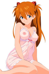 Rule 34 | 1girl, bare arms, bare legs, bare shoulders, barefoot, blue eyes, breasts, brown hair, camisole, chemise, cleavage, hair between eyes, highres, interface headset, jaaaan, long hair, looking at viewer, medium breasts, neon genesis evangelion, nipples, no bra, no panties, see-through, see-through chemise, sitting, smile, solo, souryuu asuka langley, twintails, two side up, very long hair, white background, white chemise, wide hips