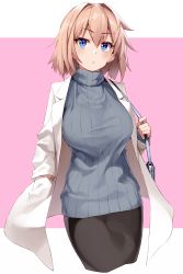 Rule 34 | 1girl, absurdres, bag, black shirt, blonde hair, blue eyes, breasts, closed mouth, commentary request, grey skirt, hair between eyes, hand in pocket, handbag, highres, holding, holding bag, lab coat, large breasts, long sleeves, looking at viewer, original, pencil skirt, pink background, ribbed sweater, shirt, short hair, shunichi, simple background, skirt, solo, standing, sweater, turtleneck, turtleneck sweater, two-tone background, white background