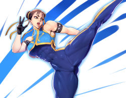 Rule 34 | 1girl, abs, alternate costume, armlet, bare shoulders, biceps, black gloves, bodysuit, breasts, brown eyes, brown hair, capcom, chun-li, commentary request, covered navel, crop top, double bun, earrings, feet out of frame, gloves, hair bun, hair ornament, highres, jewelry, kicking, leg up, lips, looking away, makeup, muscular, muscular female, muscular legs, ogami, open mouth, simple background, skin tight, sleeveless, street fighter, street fighter zero (series), teeth, unitard, vest