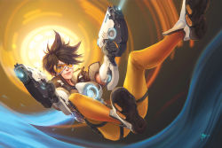 Rule 34 | 1girl, abstract background, aiming, aiming at viewer, bodysuit, bomber jacket, breasts, brown eyes, brown hair, dual wielding, finger on trigger, full body, goggles, gun, handgun, highres, holding, jacket, koloromuj, lips, looking at viewer, messy hair, nose, overwatch, overwatch 1, science fiction, short hair, signature, smile, solo, spiked hair, tracer (overwatch), weapon