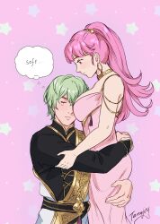 Rule 34 | 1boy, 1girl, absurdres, alternate costume, artist name, breasts, byleth (fire emblem), byleth (male) (fire emblem), cleavage, earrings, enlightened byleth (male), fire emblem, fire emblem: three houses, from side, green eyes, hetero, highres, hilda valentine goneril, hoop earrings, hug, jewelry, large breasts, long hair, looking at another, nintendo, pink background, pink eyes, pink hair, snort, tamafry, tearing up, thought bubble, twintails