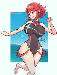 Rule 34 | 1girl, bouncing breasts, breasts, highres, large breasts, open mouth, pyra (pro swimmer) (xenoblade), pyra (xenoblade), raydango, red eyes, red hair, smile, solo, thighs, xenoblade chronicles (series), xenoblade chronicles 2