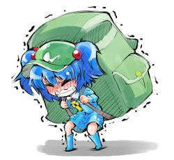 Rule 34 | 1girl, backpack, bag, blue dress, blue hair, blush, boots, clenched teeth, closed eyes, dress, female focus, full-face blush, full body, hair bobbles, hair ornament, hat, heavy, kawashiro nitori, rubber boots, shinapuu, shirt, simple background, skirt, solo, teeth, touhou, trembling, twintails, two side up, white dress