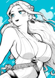 Rule 34 | 1girl, absurdres, blue background, blue eyes, breasts, cleavage, dress, earrings, greyscale with colored background, hair ornament, highres, jewelry, large breasts, long hair, looking to the side, monochrome, nefertari vivi, one piece, standing, upper body, yotsumi shiro