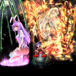 Rule 34 | 3girls, alternate hairstyle, animal ears, arms at sides, bamboo, bamboo forest, blush, boots, bow, bowl, bowl hat, breasts, brown footwear, cloud, embers, energy, feathers, fire, fire, floating, floral print, forest, frilled shirt, frills, fujiwara no mokou, full moon, glowing, gradient eyes, grass, hair bow, hat, highres, holding, holding weapon, japanese clothes, kimono, kneeling, leaf print, long hair, long sleeves, looking at viewer, looking back, looking to the side, magic circle, medium breasts, mini person, minigirl, miracle mallet, moon, multicolored eyes, multiple girls, nature, necktie, needle, night, night sky, obi, open mouth, parted lips, pink eyes, pink skirt, pops, purple eyes, purple hair, rabbit ears, red eyes, reflection, reisen udongein inaba, sash, shirt, shoes, short hair, skirt, sky, smile, socks, standing, star (sky), starry sky, sukuna shinmyoumaru, suspenders, talismans, teeth, tongue, torn clothes, torn sleeves, touhou, very long hair, water, weapon, white hair, white shirt, wide sleeves