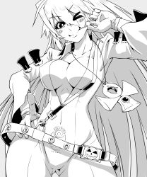 Rule 34 | 1girl, absurdres, belt, blush stickers, breasts, candy, cleavage, food, greyscale, guilty gear, guilty gear xrd, highres, jack-o&#039; valentine, jewelry, large breasts, lollipop, long hair, looking at viewer, monochrome, necklace, one eye closed, solo, thighs, urujika