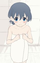 Rule 34 | 1girl, animated, animated gif, armpit crease, blue eyes, blue hair, blush, breasts, collarbone, commentary, cowboy shot, dot nose, groin, hair between eyes, highres, idoly pride, long hair, looking at viewer, medium breasts, naked towel, navel, nipples, okuyama sumire, open mouth, open towel, opened by self, paid reward available, ponytail, sincos, smile, solo, standing, thigh gap, towel, undressing