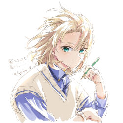 Rule 34 | 1boy, albedo (genshin impact), aqua eyes, blonde hair, blue shirt, collared shirt, contemporary, curtained hair, genshin impact, hair between eyes, hajime (sakuraofsunset), highres, holding, holding pencil, long sleeves, male focus, medium hair, parted lips, pencil, shirt, simple background, smile, solo, sunlight, sweater vest, upper body, watch, white background, wristwatch, yellow sweater vest