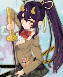 Rule 34 | 1girl, black hair, bow, ei (a a wasabi), hair ribbon, highres, holding, holding sword, holding weapon, horns, charm (object), long hair, looking at viewer, multiple swords, oni, oni horns, ponytail, ribbon, school uniform, sidelocks, simple background, skirt, smile, solo, suzuka (housamo), sword, tokyo houkago summoners, twitter username, upper body, weapon, yellow eyes, yellow horns