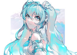 Rule 34 | 1girl, :3, absurdly long hair, absurdres, ahoge, aqua eyes, aqua hair, back, blue eyes, blue hair, border, breasts, closed mouth, cloud, cloudy sky, commentary, day, detached sleeves, dress, english commentary, from side, hair between eyes, hair ornament, hatsune miku, head tilt, heichuan mocha naigaita, highres, long hair, looking at viewer, medium breasts, puffy sleeves, sidelocks, sky, sleeveless, sleeveless dress, smile, solo, swept bangs, twintails, very long hair, vocaloid, white border, white dress