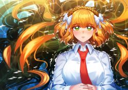 Rule 34 | 1girl, bow, breasts, brown hairband, closed mouth, collared shirt, floating hair, freckles, gredell elle, hair bow, hairband, highres, ishmael (project moon), large breasts, limbus company, long hair, long sleeves, looking at viewer, necktie, orange hair, project moon, red necktie, rope, shirt, solo, upper body, very long hair, water, white bow, white shirt