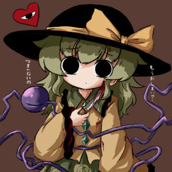 Rule 34 | 1girl, black eyes, black hat, blood, blood on clothes, bloody knife, blouse, bow, brown background, buttons, closed mouth, diamond button, expressionless, eyeball, frilled shirt collar, frilled sleeves, frills, furrowed brow, green hair, green skirt, hand up, hat, hat bow, hat ribbon, heart, heripantomorrow, holding, holding knife, knife, komeiji koishi, long sleeves, looking at viewer, medium hair, ribbon, shirt, simple background, skirt, solo, third eye, touhou, translation request, upper body, wavy hair, wide sleeves, yellow bow, yellow ribbon, yellow shirt