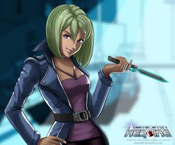 Rule 34 | 1girl, artist name, belt, bill stiernberg, blonde hair, copyright name, cosmic star heroine, hand on own hip, highres, knife, lauren gambino, lips, looking at viewer, official art, parted lips, popped collar, purple eyes, solo, watermark, web address