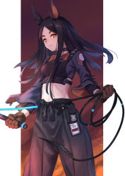 Rule 34 | 1girl, animal ears, arknights, black choker, black hair, black pants, black shirt, breasts, brown gloves, choker, commentary request, cowboy shot, crop top, dobermann (arknights), dog ears, female focus, gloves, highres, holding, holding whip, long hair, long sleeves, looking at viewer, medium breasts, midriff, mole, mole under eye, pants, partial commentary, red eyes, roke (taikodon), shirt, sidelocks, solo, standing, stomach, whip
