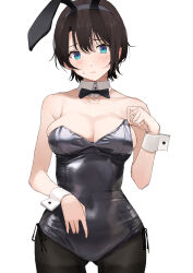 Rule 34 | 1girl, alternate costume, animal ears, bare shoulders, black bow, black bowtie, black hair, black leotard, black pantyhose, blue eyes, blush, bow, bowtie, breasts, cleavage, closed mouth, commentary request, covered navel, detached collar, embarrassed, fake animal ears, highres, hololive, large breasts, leotard, looking at viewer, mitsuru (pixiv 34028718), oozora subaru, pantyhose, parted bangs, playboy bunny, rabbit ears, short hair, side-tie leotard, simple background, skindentation, solo, strapless, strapless leotard, sweat, very short hair, virtual youtuber, white background, white wrist cuffs, wrist cuffs