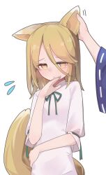 1girl absurdres animal_ears blonde_hair blush fox_ears fox_girl fox_tail green_ribbon guming_diban hair_between_eyes highres kudamaki_tsukasa petting ribbon romper short_hair short_sleeves simple_background tail touhou white_romper wide_sleeves yakumo_ran yellow_eyes