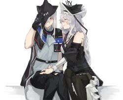 Rule 34 | 2girls, adjusting clothes, adjusting headwear, arknights, ascot, averting eyes, black dress, black gloves, black headwear, black pants, black pantyhose, blush, clothing cutout, dress, gloves, grey ascot, grey hair, hair between eyes, hand in another&#039;s pants, hat, hat ornament, highres, long hair, meatworld9, multiple girls, official alternate costume, pants, pantyhose, red eyes, sharp teeth, skadi (arknights), smile, specter (arknights), specter the unchained (arknights), teeth, thigh cutout, very long hair, yuri