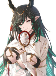 Rule 34 | 1girl, black hair, braid, breast cutout, breasts, cleavage, cleavage cutout, clothing cutout, colored inner hair, detached sleeves, dragon girl, dragon horns, draph, dress, fingerless gloves, gloves, gradient hair, granblue fantasy, green eyes, green hair, hair ornament, highres, horn ornament, horns, kanpyou (hghgkenfany), large breasts, leotard, long hair, looking at viewer, multicolored eyes, multicolored hair, payila (granblue fantasy), pointy ears, red eyes, see-through, see-through dress, smile, solo, stomach cutout, tassel, tassel hair ornament, tuanshan, two-tone eyes, two-tone hair, very long hair, white background, white gloves