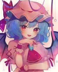 Rule 34 | 1girl, arm across waist, arms up, ascot, bat wings, blouse, blue hair, blush, breasts, brooch, chikuwa (tikuwaumai ), commentary, elbow on arm, fang, gradient background, hat, hat ribbon, head on hand, head tilt, highres, jewelry, light particles, looking at viewer, mob cap, open mouth, pink background, pink hat, pink shirt, puffy short sleeves, puffy sleeves, red ascot, red eyes, remilia scarlet, ribbon, shirt, short hair, short sleeves, small breasts, smile, solo, standing, streamers, symbol-only commentary, teeth, touhou, upper body, upper teeth only, white background, wings, wrist cuffs