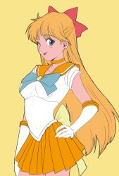 Rule 34 | 1girl, aino minako, bishoujo senshi sailor moon, blonde hair, blue eyes, bow, choker, earrings, elbow gloves, gloves, hair bow, half updo, hand on own hip, jewelry, long hair, looking at viewer, magical girl, one eye closed, orange skirt, red bow, sailor venus, simple background, skirt, solo, standing, tongue, tongue out, tsubobot, white gloves, yellow background