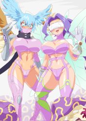 Rule 34 | 2girls, blue eyes, blue hair, blush, boots, breasts, butterfly hair ornament, butterfly wings, corrupted twitter file, covered eyes, curvy, digimon, digimon (creature), digimon frontier, facial mark, fairimon, feathered wings, feet out of frame, garter straps, gloves, hair ornament, hair wings, harpy, head-mounted display, head wings, highres, insect wings, large breasts, long hair, looking at viewer, mask, midriff, monster girl, mouth mask, multiple girls, navel, open mouth, otokamu, panties, purple hair, revealing clothes, shiny skin, short hair, shutumon, smile, thigh boots, thighhighs, thighs, thong, underwear, wide hips, wings