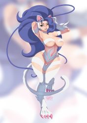 Rule 34 | 1girl, animal ears, animal hands, armpits, arms up, big hair, blue hair, breasts, cat ears, cat girl, cat paws, cat tail, claws, fangs, felicia (vampire), female focus, full body, fur, highres, large breasts, looking at viewer, navel, slit pupils, solo, tail, thigh gap, tovio rogers, vampire (game), wide hips