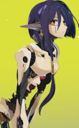 Rule 34 | 1girl, android, closed mouth, colored skin, copyright request, green background, grey skin, highres, idkuroi, looking at viewer, mechanical parts, olympia (sekaiju), orange eyes, purple hair, robot, short hair with long locks, simple background, solo