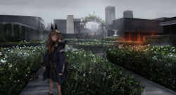 Rule 34 | 1girl, animal ears, arch, arms at sides, bare legs, black dress, black jacket, brown eyes, brown hair, building, city, dress, expressionless, flower, garden, grey sky, hair flower, hair ornament, hair over shoulder, hedge, highres, holding, holding wand, hood, jacket, lavender quartz, lm7 (op-center), long hair, long sleeves, looking away, outdoors, plant, red flower, scenery, shoes, sidelocks, sky, skyscraper, solo, standing, statue, torabishi lana, wand, white flower