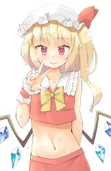 Rule 34 | 1girl, adapted costume, arm behind back, arnest, bare arms, bare shoulders, blonde hair, blush, bow, bowtie, bright pupils, closed mouth, collarbone, collared vest, cowboy shot, crop top, crystal, dot nose, flandre scarlet, frilled cuffs, frilled shirt collar, frills, groin, hand up, hat, hat bow, highres, hot, long hair, looking at viewer, low wings, lowleg, lowleg skirt, midriff, mob cap, navel, one side up, red bow, red eyes, red skirt, red vest, shiny skin, simple background, skirt, skirt set, sleeveless, smile, solo, sparkling eyes, star (symbol), star in eye, stomach, straight-on, sweat, symbol in eye, touhou, tsurime, vest, w, white background, white hat, white pupils, wing collar, wings, wrist cuffs, yellow bow, yellow bowtie