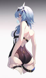Rule 34 | 1girl, absurdres, ass, back cutout, bare shoulders, blue hair, breasts, clothing cutout, eula (genshin impact), flower, from behind, genshin impact, hair flower, hair ornament, hand on own ass, highres, large breasts, light blue hair, linnnp, looking at viewer, medium hair, solo, standing