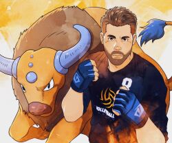 Rule 34 | 1boy, bara, beard, brown hair, clenched hands, clothes writing, commentary, commission, creatures (company), daisukebear, english commentary, facial hair, fighting stance, fingerless gloves, game freak, gen 1 pokemon, gloves, gradient hair, highres, looking at viewer, male focus, mature male, multicolored hair, nintendo, original, pokemon, pokemon (creature), serious, shirt, short hair, t-shirt, tauros, thick eyebrows, toned, toned male, undercut, upper body