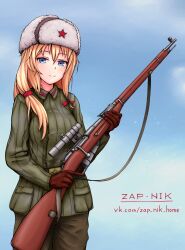 Rule 34 | 1girl, artist name, belt, belt buckle, blonde hair, blue eyes, blue sky, bolt action, bow, breasts, brown belt, buckle, closed mouth, collared jacket, commentary, cowboy shot, fur hat, girls&#039; frontline, gloves, green jacket, green pants, gun, gun sling, hair between eyes, hair bow, hair tie, hammer and sickle, hat, hat ornament, highres, holding, holding gun, holding weapon, jacket, blue background, long sleeves, looking at viewer, medium breasts, military, mosin-nagant, mosin-nagant (girls&#039; frontline), mosin-nagant (mod3) (girls&#039; frontline), optical sight, padded jacket, pants, pocket, red bow, red gloves, red star, rifle, scope, sky, smile, sniper rifle, soldier, solo, soviet, soviet army, star (symbol), star hat ornament, telogreika, two side up, ushanka, vkontakte username, watermark, weapon, web address, white hat, winter uniform, world war ii, zap-nik