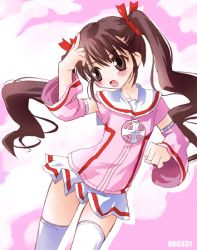 Rule 34 | 1girl, blush, brown eyes, brown hair, detached sleeves, long sleeves, noto (soranoto), open mouth, original, pink background, pink shirt, shirt, simple background, skirt, solo, thighhighs, twintails, white skirt, white thighhighs, zettai ryouiki