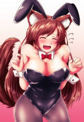 Rule 34 | 1girl, animal ears, bare shoulders, black leotard, bow, bowtie, breasts, cleavage, closed eyes, collarbone, covered navel, detached collar, fake animal ears, fang, fishnet pantyhose, fishnets, gradient background, high heels, highres, imaizumi kagerou, large breasts, leotard, long hair, looking at viewer, open mouth, pantyhose, playboy bunny, rabbit ears, solo, sotomichi, strapless, strapless leotard, tail, touhou, wolf ears, wolf tail, wrist cuffs