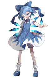 Rule 34 | 1girl, bloomers, blue bow, blue dress, blue eyes, blue footwear, blue hair, bow, cirno, commentary request, dress, hair between eyes, hair bow, highres, ice, ice wings, looking at viewer, puffy short sleeves, puffy sleeves, shoes, short hair, short sleeves, simple background, socks, solo, touhou, tsune (tune), underwear, white background, white socks, wings