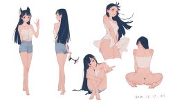 Rule 34 | 1girl, animal ears, ass, bare arms, bare legs, barefoot, black hair, blush, camisole, closed mouth, collarbone, commentary, cropped legs, dated, denim, denim shorts, dog ears, dress, embarrassed, english commentary, fake animal ears, hand up, highres, long hair, looking at viewer, mmmilk, multiple views, original, reaching, reaching towards viewer, red eyes, short dress, shorts, shoulder blades, simple background, sitting, standing, strap slip, thong, white background, white camisole, white dress, wind, wind lift