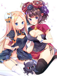 Rule 34 | 2girls, :3, :d, :p, abigail williams (fate), adapted costume, alternate costume, animal, bad id, bad pixiv id, black bow, black panties, blonde hair, blue eyes, blush, bow, breasts, china dress, chinese clothes, cleavage, cleavage cutout, closed mouth, clothes lift, clothing cutout, commentary request, double bun, dress, dress lift, fate/grand order, fate (series), floral print, flower, garter straps, hair bun, hair flower, hair ornament, highres, katsushika hokusai (fate), lace, lace-trimmed panties, lace trim, large breasts, long hair, looking at viewer, masayo (gin no ame), medium breasts, multiple girls, octopus, open mouth, orange bow, panties, parted bangs, polka dot, polka dot bow, purple eyes, purple hair, short hair, side-tie panties, side slit, sitting, smile, thighhighs, tokitarou (fate), tongue, tongue out, underwear, very long hair, wariza, wristband