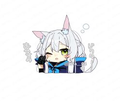 Rule 34 | 1girl, animal ear fluff, animal ears, arknights, artist name, black gloves, blush, blush stickers, bracelet, cat ears, cat girl, cat tail, cropped torso, fingerless gloves, gloves, green eyes, grey hair, hair between eyes, infection monitor (arknights), itsuki 02, jewelry, nose blush, one eye closed, rosmontis (arknights), simple background, solo, tail, translation request, twitter username, white background