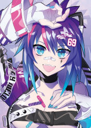Rule 34 | 1girl, bandaid, bandaid on face, belt, blue eyes, blue hair, bow, character name, choker, collarbone, fingerless gloves, full body, gloves, gradient hair, hair bow, hair ornament, hairclip, hand on own chest, hand on own head, highres, indie virtual youtuber, jacket, lightning bolt symbol, looking at viewer, melody (projektmelody), multicolored hair, nail polish, official alternate costume, official art, puppeteer7777, purple hair, purple jacket, smile, solo, strapless, tube top, virtual youtuber, vshojo, white gloves, white legwear
