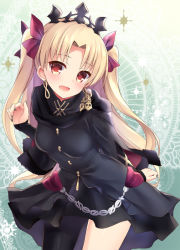 Rule 34 | 1girl, :d, bankoku ayuya, black coat, black nails, black skirt, black thighhighs, blonde hair, blush, breasts, coat, cowboy shot, earrings, ereshkigal (fate), ereshkigal (third ascension) (fate), fate/grand order, fate (series), gradient background, green background, hair ribbon, head tilt, jewelry, leaning forward, long hair, long sleeves, looking at viewer, medium breasts, nail polish, open mouth, parted bangs, red eyes, red ribbon, ribbon, single thighhigh, skirt, skull, smile, solo, standing, thighhighs, tohsaka rin, two side up