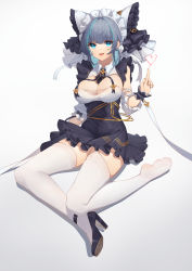 Rule 34 | 1girl, 22 (dbq), absurdres, animal ears, apron, azur lane, bad id, bad pixiv id, black hair, breasts, cat ears, cat tail, cheshire (azur lane), cleavage, full body, green eyes, high heels, highres, large breasts, long hair, looking at viewer, maid apron, maid headdress, multicolored hair, open mouth, raised eyebrows, shirt, shoes, single shoe, smile, solo, streaked hair, tail, thighhighs, white shirt, white thighhighs, wrist cuffs