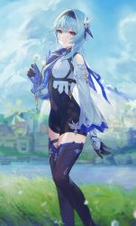 Rule 34 | 1girl, 444u, absurdres, bare shoulders, black hairband, black shorts, black thighhighs, blue hair, blue necktie, blue sky, breasts, clothing cutout, commentary, dandelion, day, eula (genshin impact), feet out of frame, flower, genshin impact, grin, hairband, high-waist shorts, highres, holding, holding flower, long sleeves, looking at viewer, medium breasts, medium hair, necktie, outdoors, parted lips, purple eyes, shirt, short shorts, shorts, shoulder cutout, sky, smile, solo, standing, symbol-only commentary, thighhighs, thighs, white shirt, wide sleeves