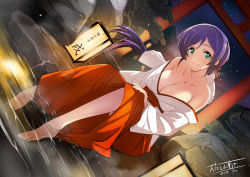 Rule 34 | 1girl, alternate hairstyle, bare shoulders, barefoot, breasts, cleavage, closed mouth, collarbone, dated, dutch angle, feet, green eyes, hakama, hakama skirt, hand on own knee, head tilt, inue shinsuke, japanese clothes, kimono, lantern, large breasts, light, lips, long hair, long sleeves, looking at viewer, love live!, love live! school idol festival, love live! school idol project, low ponytail, miko, night, night sky, no bra, off shoulder, on floor, onsen, outdoors, purple hair, red hakama, signature, skirt, sky, smile, soaking feet, solo, star (sky), starry sky, stone floor, tareme, torii, tojo nozomi, very long hair, water, white kimono, wide sleeves